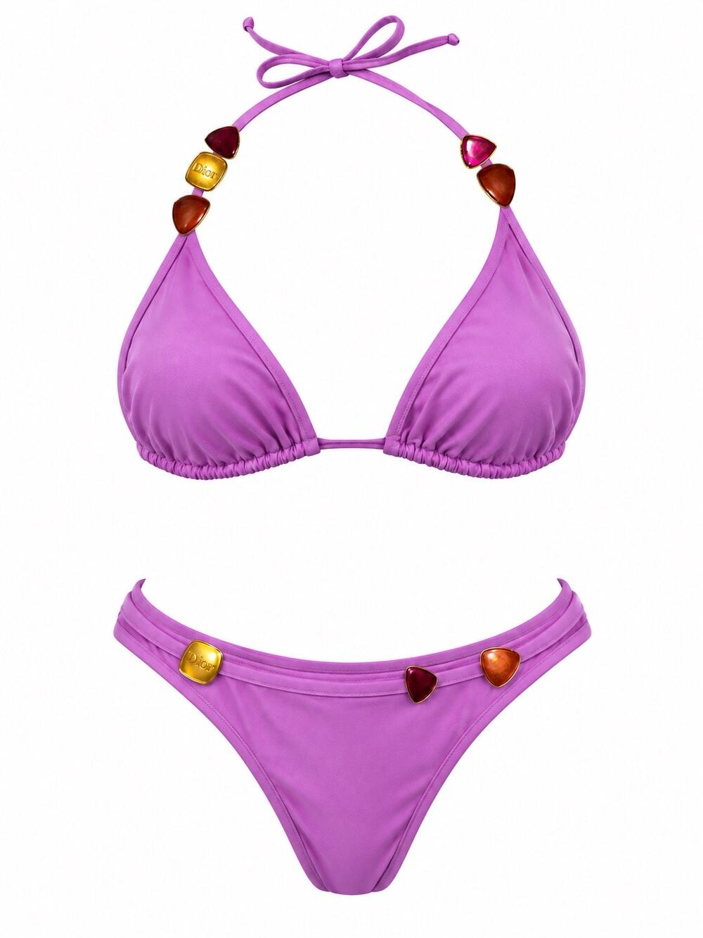 Vintage Christian Dior Lilac Purple Embellished Triangle Bikini Swimsuit Set